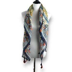 Pretty Persuasions Paisley Bohemian Scarf Tassle Fringe Blue Orange Lightweight‎